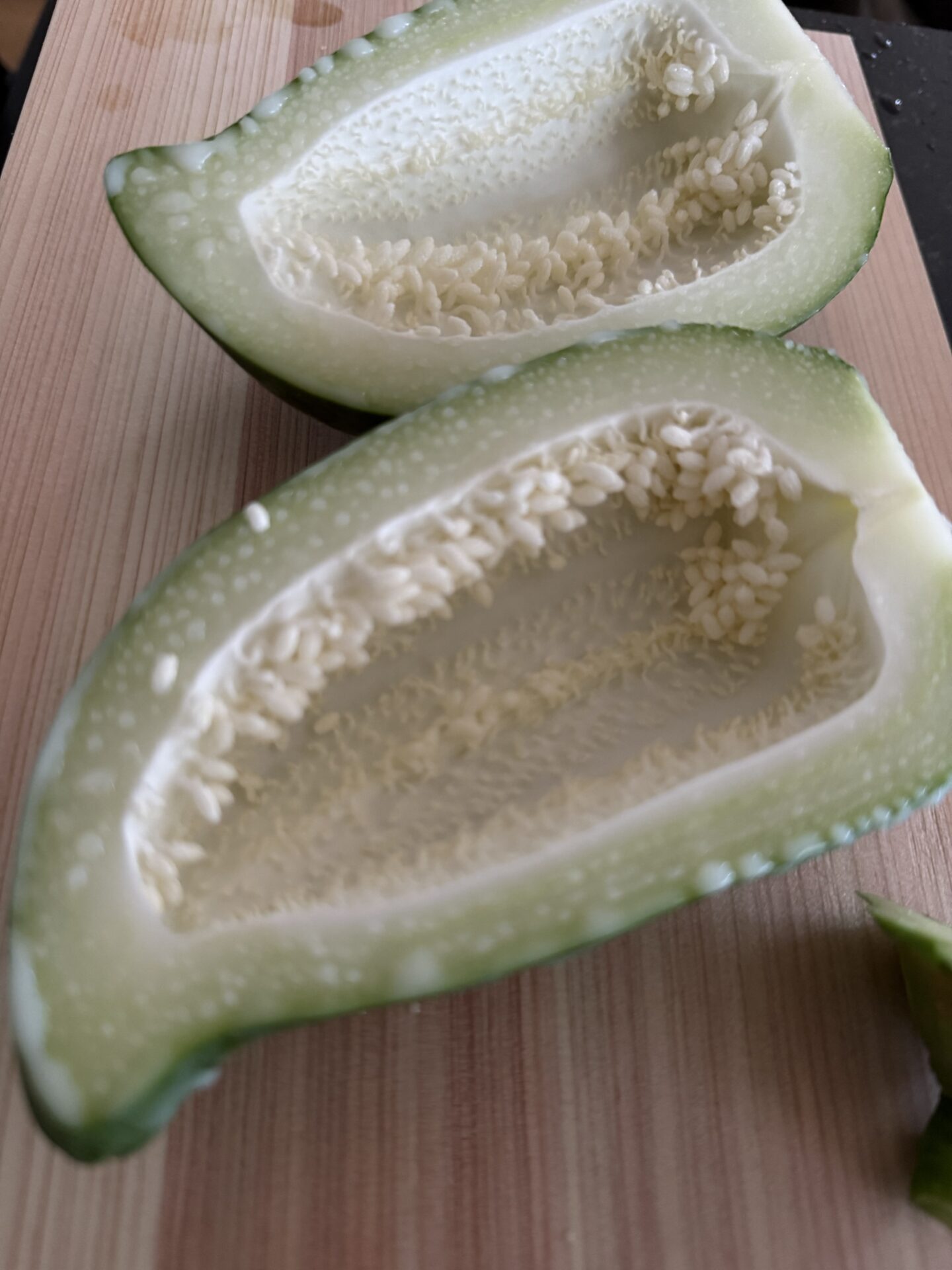 半分に割った青パパイヤの断面。白く小さい種が並んでいる